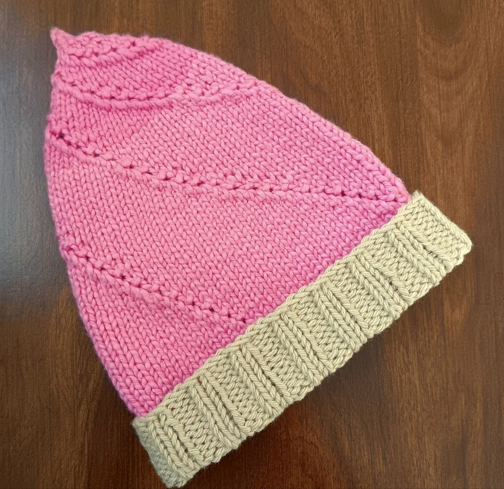 Hand Crafted Handknit Pink Cotton Strawberry Swirl Ice Cream Cone Baby Hat 6M